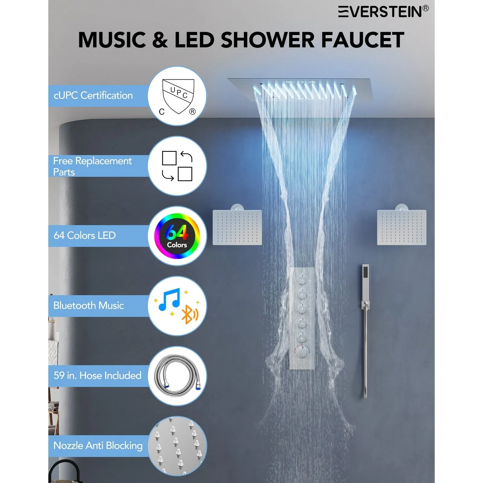 Triple Heads 20 Thermostatic Shower System. LED Mood Lighting 64-Color Dual Shower Head with Bluetooth Music