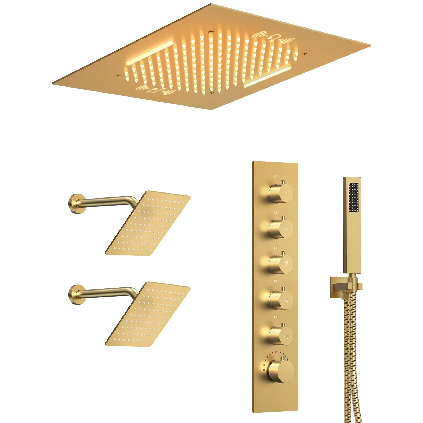 Triple Heads 20 Thermostatic Shower System. LED Mood Lighting 64-Color Dual Shower Head with Bluetooth Music