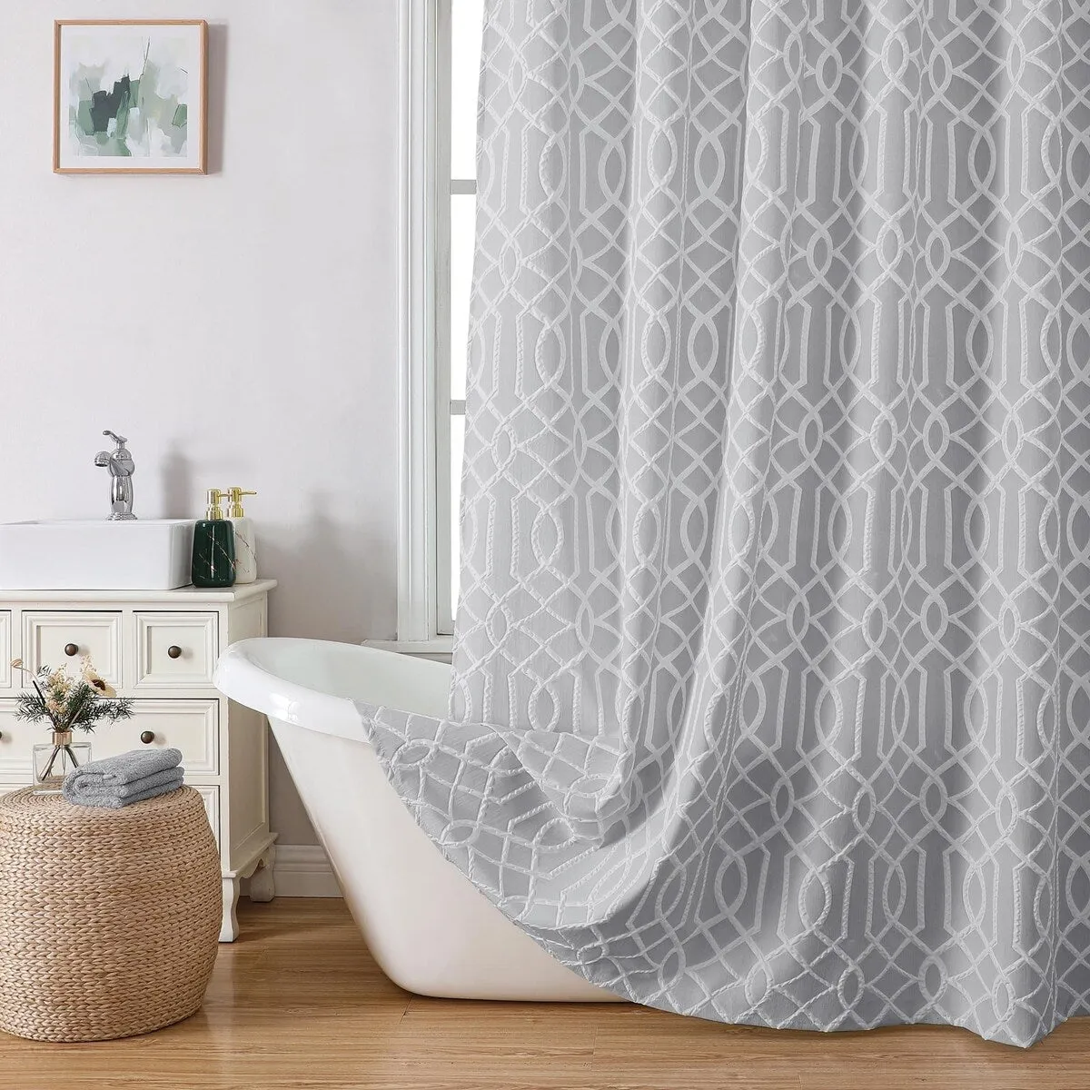 White Shower Curtain. 72x72. 3D Embossed Geometric Design white/sage green color